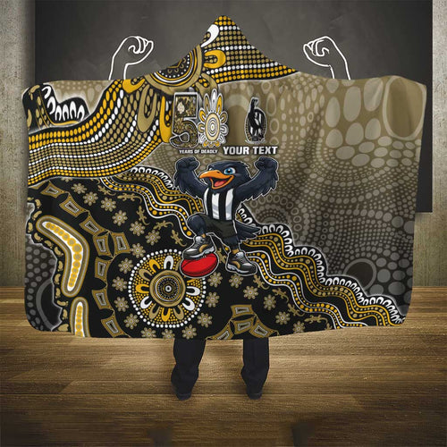 Personalized Magpies Football Mascot Hooded Blanket Aboriginal Dot Art Style Vibrant Indigenous Pattern Design