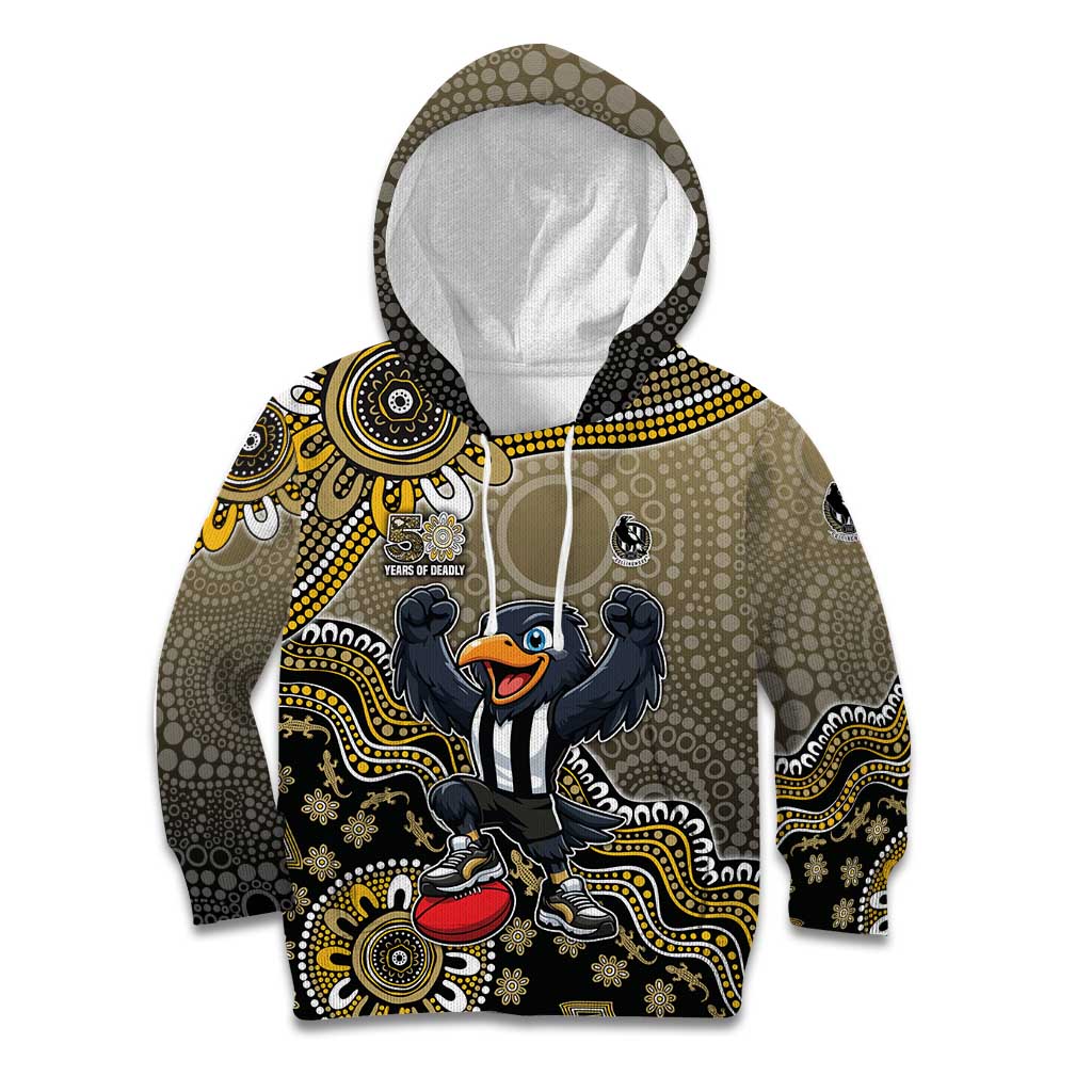 Personalized Magpies Football Mascot Kid Hoodie Aboriginal Dot Art Style Vibrant Indigenous Pattern Design