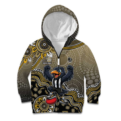 Personalized Magpies Football Mascot Kid Hoodie Aboriginal Dot Art Style Vibrant Indigenous Pattern Design