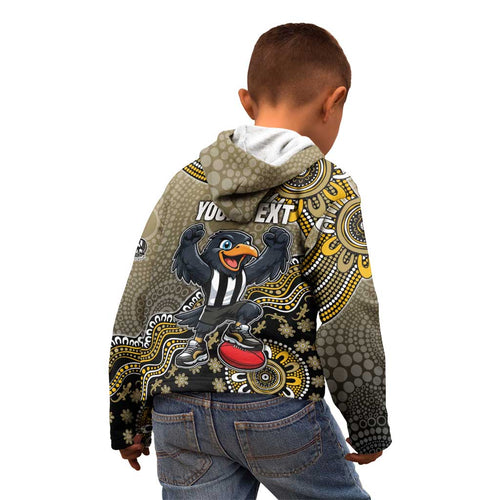 Personalized Magpies Football Mascot Kid Hoodie Aboriginal Dot Art Style Vibrant Indigenous Pattern Design