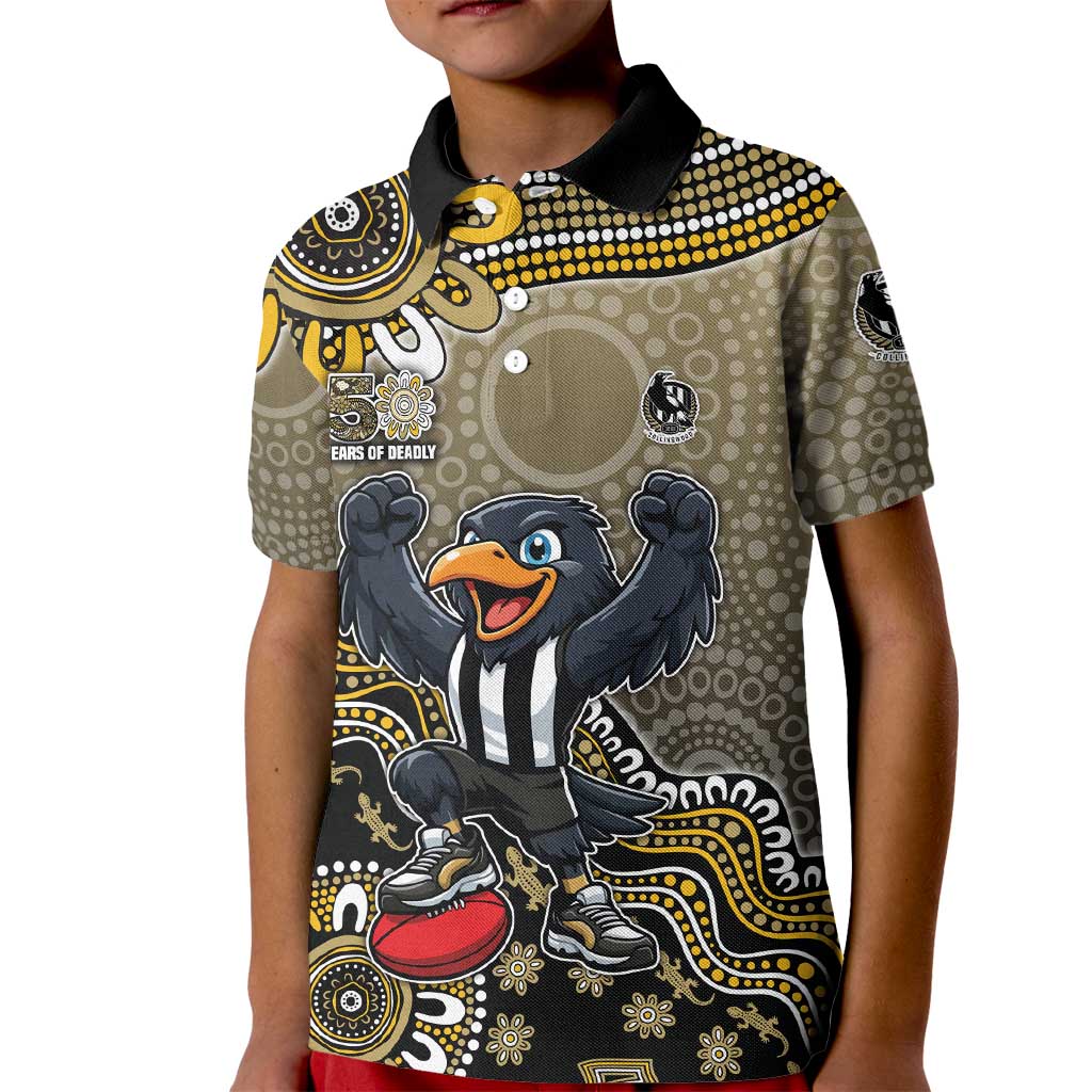 Personalized Magpies Football Mascot Kid Polo Shirt Aboriginal Dot Art Style Vibrant Indigenous Pattern Design