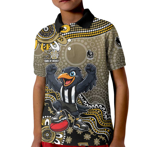 Personalized Magpies Football Mascot Kid Polo Shirt Aboriginal Dot Art Style Vibrant Indigenous Pattern Design