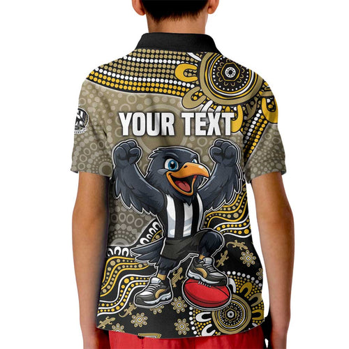 Personalized Magpies Football Mascot Kid Polo Shirt Aboriginal Dot Art Style Vibrant Indigenous Pattern Design