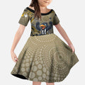 Personalized Magpies Football Mascot Kid Short Sleeve Dress Aboriginal Dot Art Style Vibrant Indigenous Pattern Design