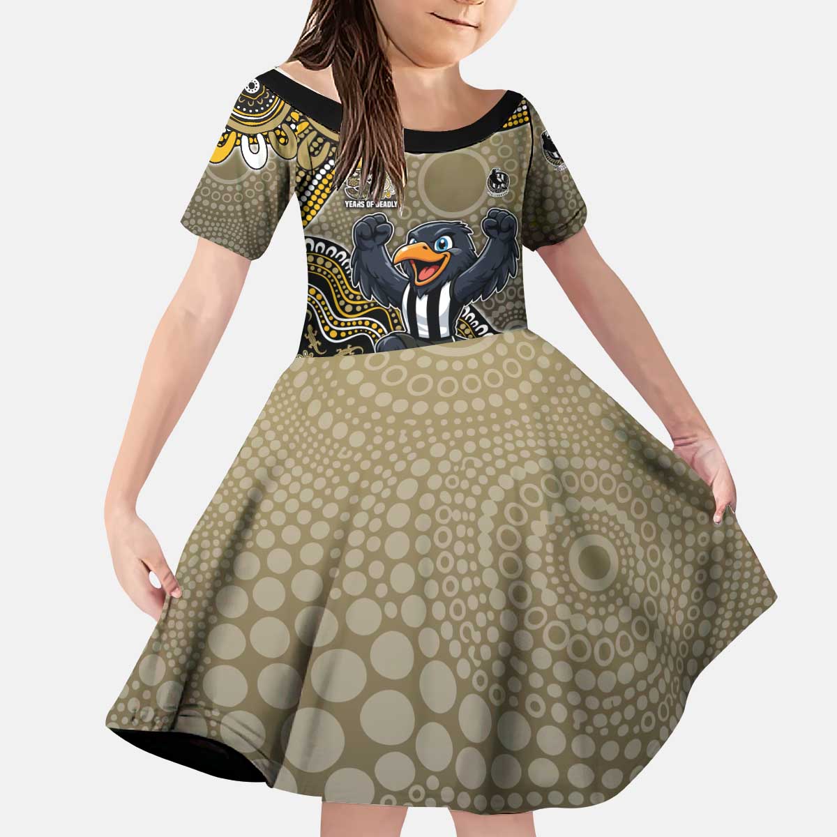 Personalized Magpies Football Mascot Kid Short Sleeve Dress Aboriginal Dot Art Style Vibrant Indigenous Pattern Design