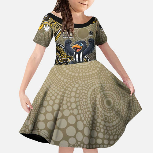 Personalized Magpies Football Mascot Kid Short Sleeve Dress Aboriginal Dot Art Style Vibrant Indigenous Pattern Design
