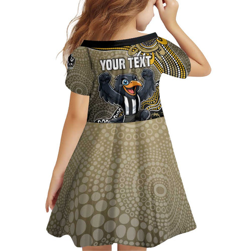 Personalized Magpies Football Mascot Kid Short Sleeve Dress Aboriginal Dot Art Style Vibrant Indigenous Pattern Design