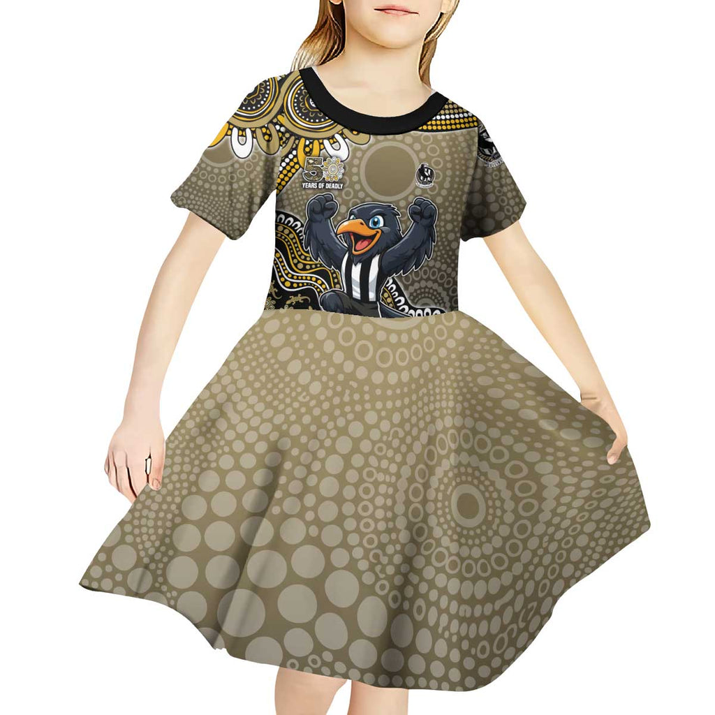 Personalized Magpies Football Mascot Kid Short Sleeve Dress Aboriginal Dot Art Style Vibrant Indigenous Pattern Design
