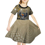 Personalized Magpies Football Mascot Kid Short Sleeve Dress Aboriginal Dot Art Style Vibrant Indigenous Pattern Design