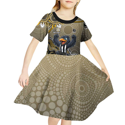 Personalized Magpies Football Mascot Kid Short Sleeve Dress Aboriginal Dot Art Style Vibrant Indigenous Pattern Design