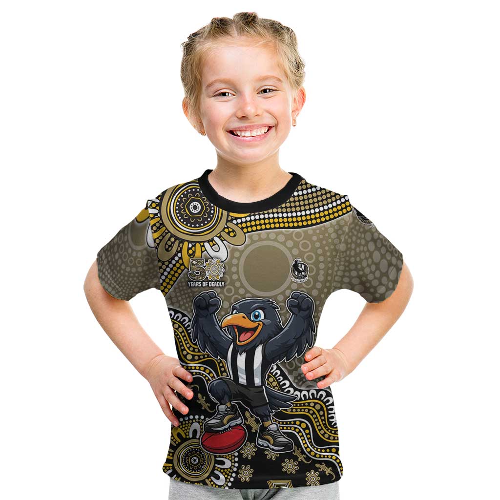 Personalized Magpies Football Mascot Kid T Shirt Aboriginal Dot Art Style Vibrant Indigenous Pattern Design