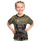 Personalized Magpies Football Mascot Kid T Shirt Aboriginal Dot Art Style Vibrant Indigenous Pattern Design