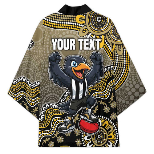Personalized Magpies Football Mascot Kimono Aboriginal Dot Art Style Vibrant Indigenous Pattern Design