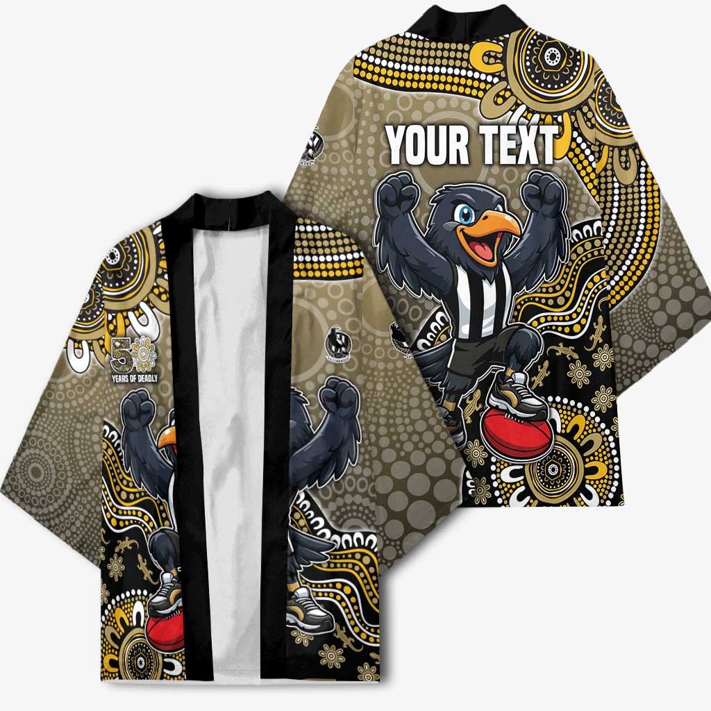 Personalized Magpies Football Mascot Kimono Aboriginal Dot Art Style Vibrant Indigenous Pattern Design