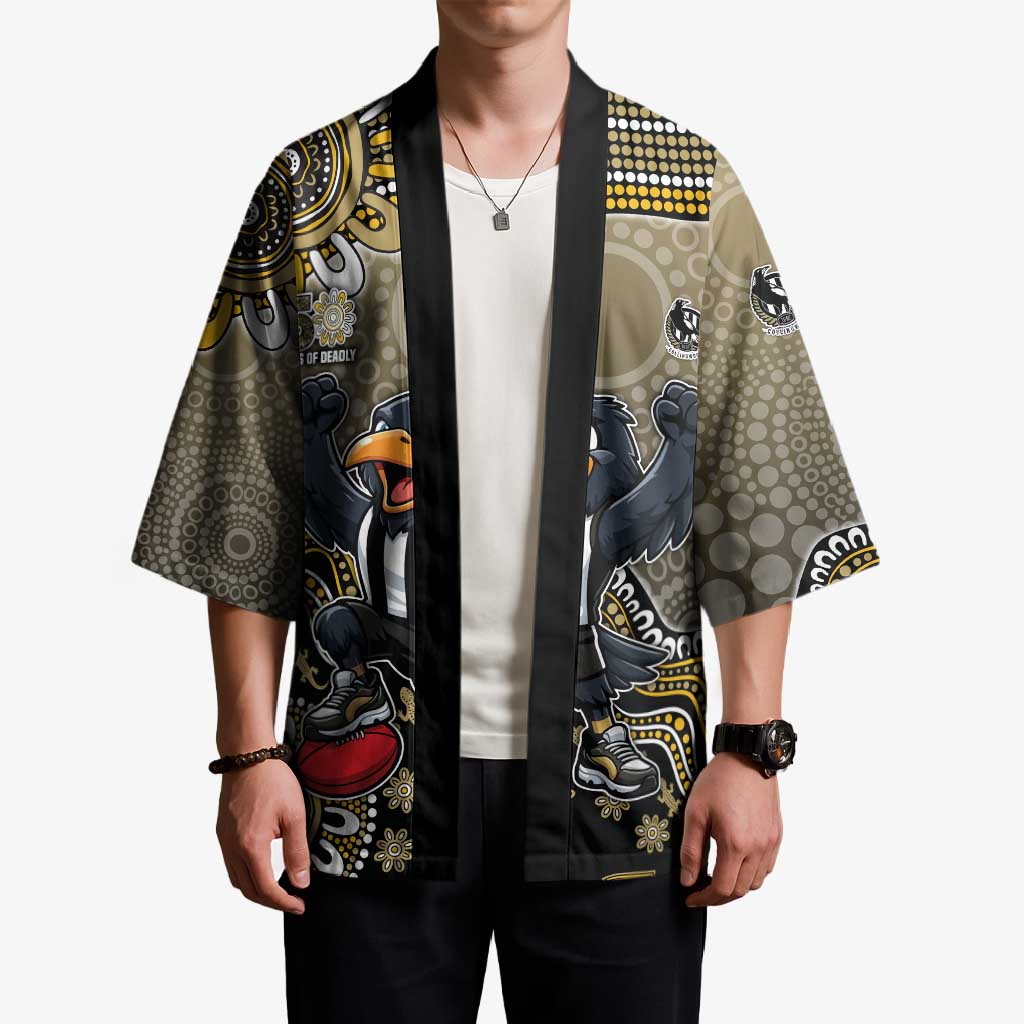 Personalized Magpies Football Mascot Kimono Aboriginal Dot Art Style Vibrant Indigenous Pattern Design