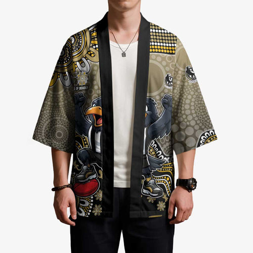 Personalized Magpies Football Mascot Kimono Aboriginal Dot Art Style Vibrant Indigenous Pattern Design