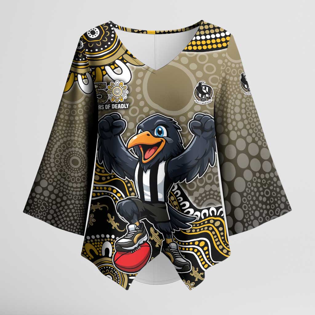 Personalized Magpies Football Mascot Kimono Sleeve Blouse Aboriginal Dot Art Style Vibrant Indigenous Pattern Design