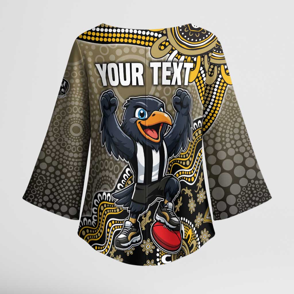 Personalized Magpies Football Mascot Kimono Sleeve Blouse Aboriginal Dot Art Style Vibrant Indigenous Pattern Design