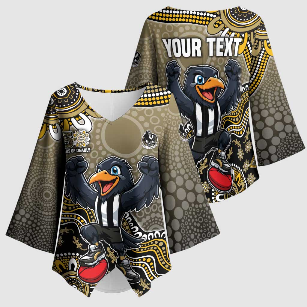 Personalized Magpies Football Mascot Kimono Sleeve Blouse Aboriginal Dot Art Style Vibrant Indigenous Pattern Design
