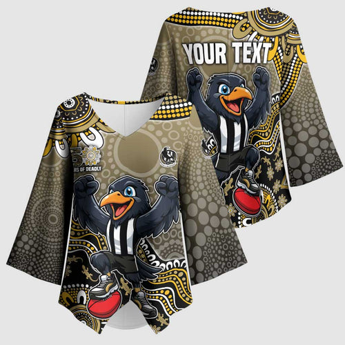 Personalized Magpies Football Mascot Kimono Sleeve Blouse Aboriginal Dot Art Style Vibrant Indigenous Pattern Design