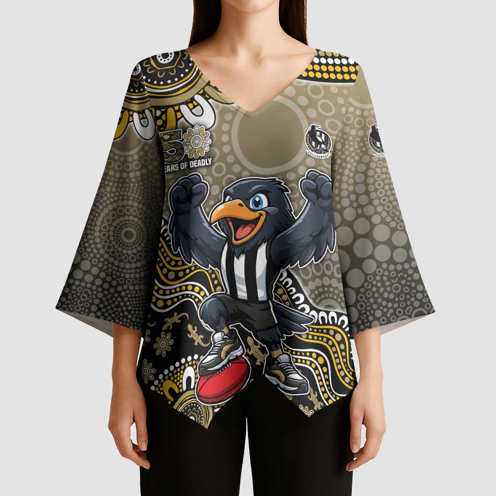 Personalized Magpies Football Mascot Kimono Sleeve Blouse Aboriginal Dot Art Style Vibrant Indigenous Pattern Design