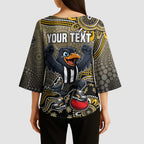 Personalized Magpies Football Mascot Kimono Sleeve Blouse Aboriginal Dot Art Style Vibrant Indigenous Pattern Design