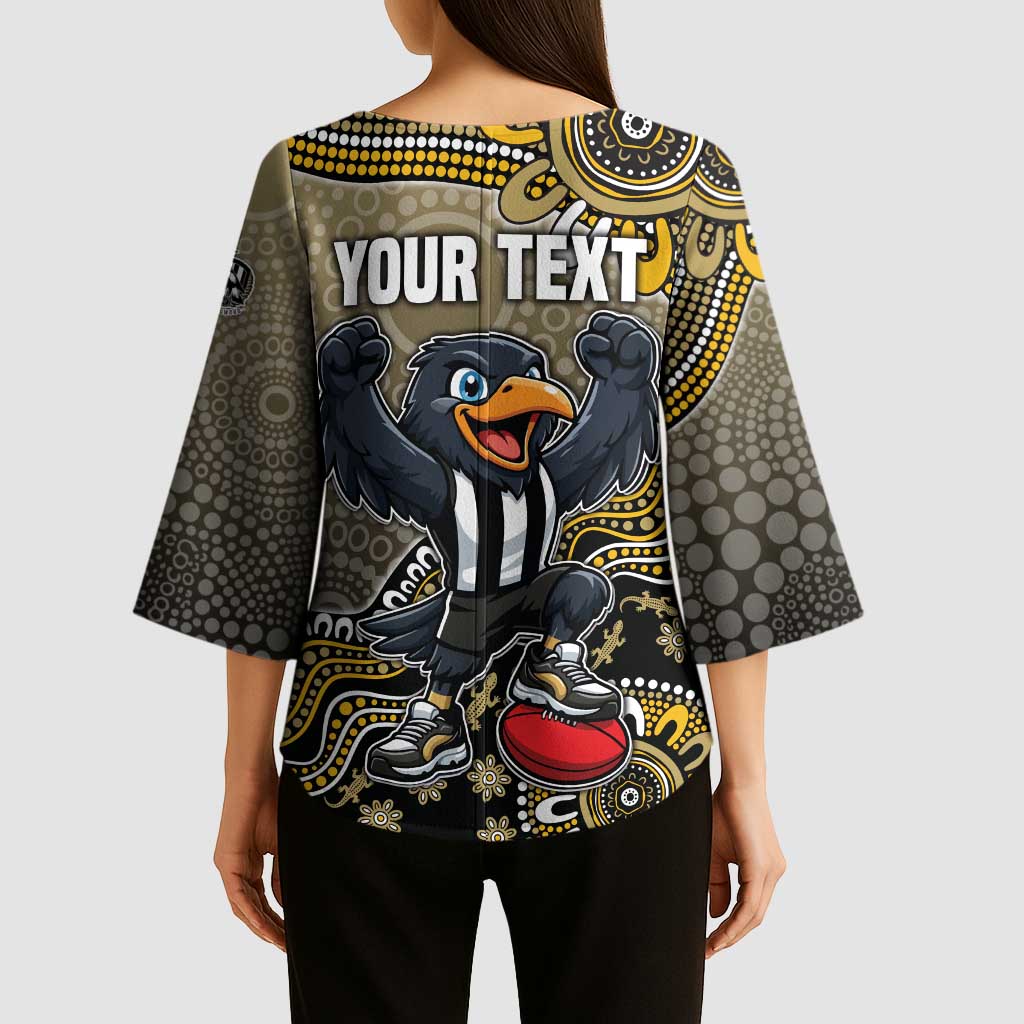 Personalized Magpies Football Mascot Kimono Sleeve Blouse Aboriginal Dot Art Style Vibrant Indigenous Pattern Design