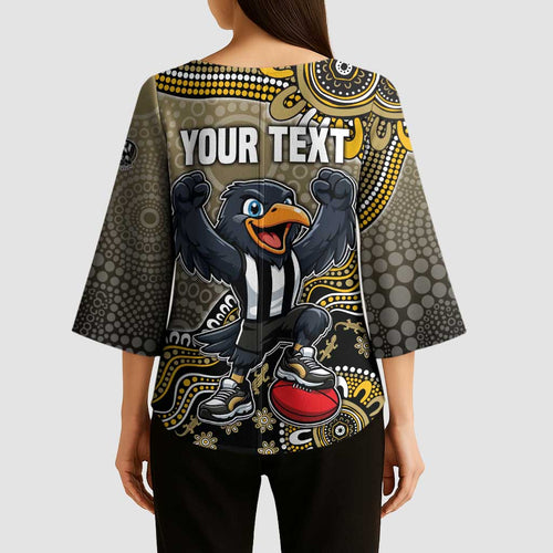 Personalized Magpies Football Mascot Kimono Sleeve Blouse Aboriginal Dot Art Style Vibrant Indigenous Pattern Design