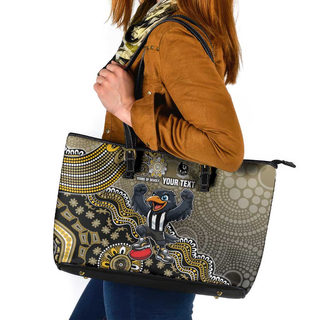 Personalized Magpies Football Mascot Leather Tote Bag Aboriginal Dot Art Style Vibrant Indigenous Pattern Design