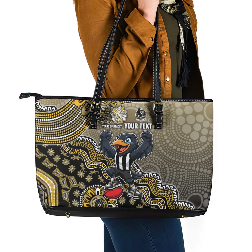 Personalized Magpies Football Mascot Leather Tote Bag Aboriginal Dot Art Style Vibrant Indigenous Pattern Design