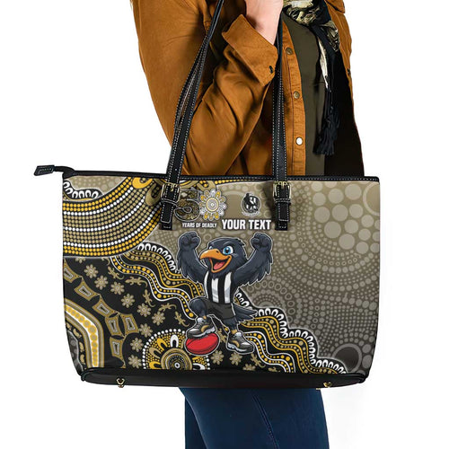 Personalized Magpies Football Mascot Leather Tote Bag Aboriginal Dot Art Style Vibrant Indigenous Pattern Design