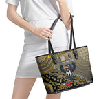 Personalized Magpies Football Mascot Leather Tote Bag Aboriginal Dot Art Style Vibrant Indigenous Pattern Design