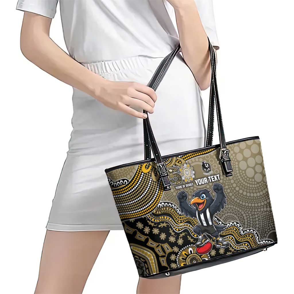 Personalized Magpies Football Mascot Leather Tote Bag Aboriginal Dot Art Style Vibrant Indigenous Pattern Design