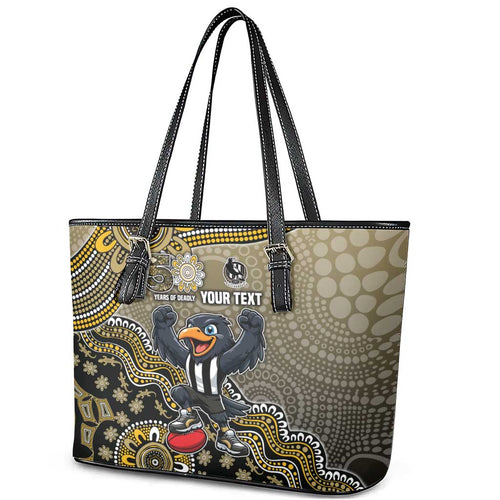 Personalized Magpies Football Mascot Leather Tote Bag Aboriginal Dot Art Style Vibrant Indigenous Pattern Design