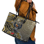 Personalized Magpies Football Mascot Leather Tote Bag Aboriginal Dot Art Style Vibrant Indigenous Pattern Design