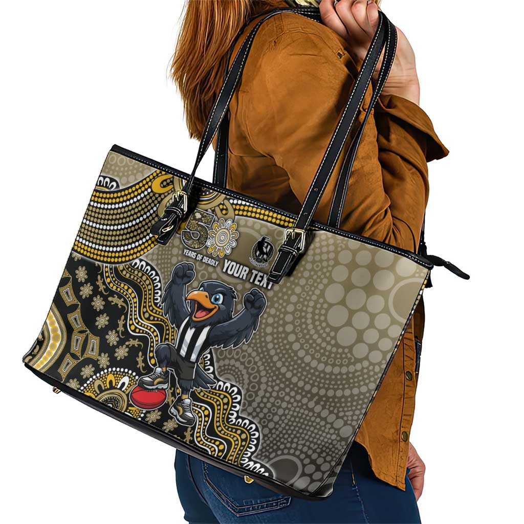 Personalized Magpies Football Mascot Leather Tote Bag Aboriginal Dot Art Style Vibrant Indigenous Pattern Design