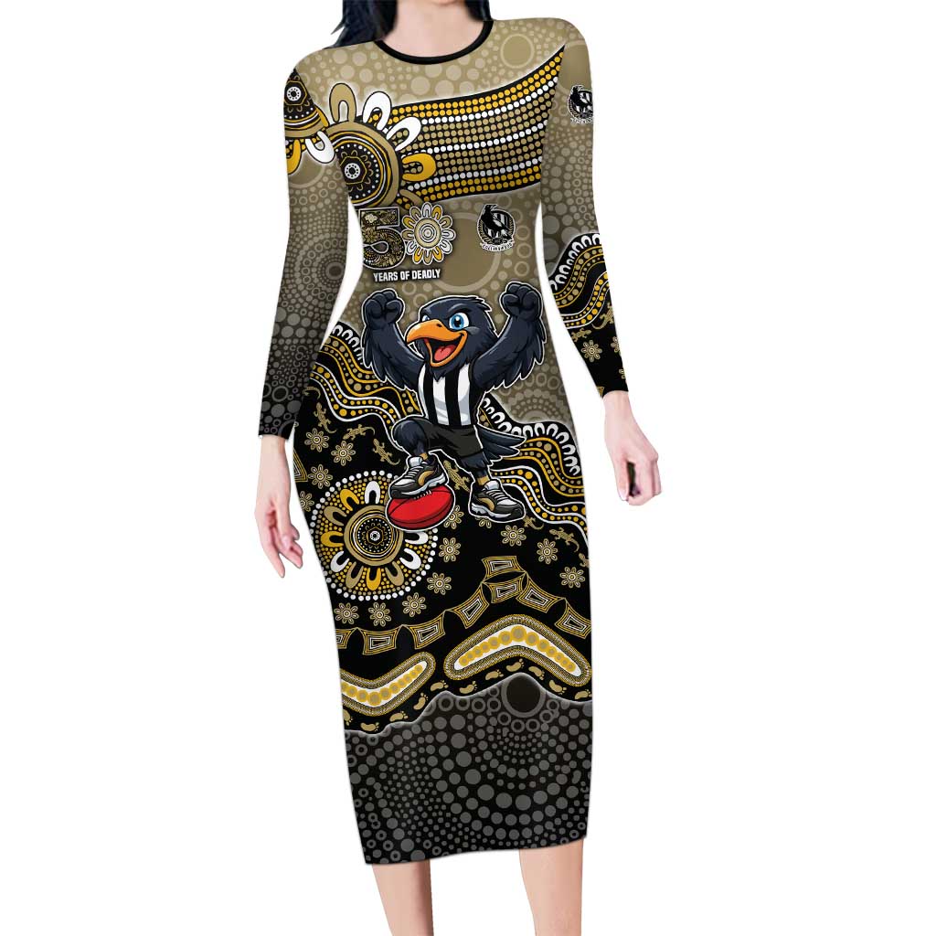 Personalized Magpies Football Mascot Long Sleeve Bodycon Dress Aboriginal Dot Art Style Vibrant Indigenous Pattern Design