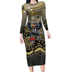 Personalized Magpies Football Mascot Long Sleeve Bodycon Dress Aboriginal Dot Art Style Vibrant Indigenous Pattern Design