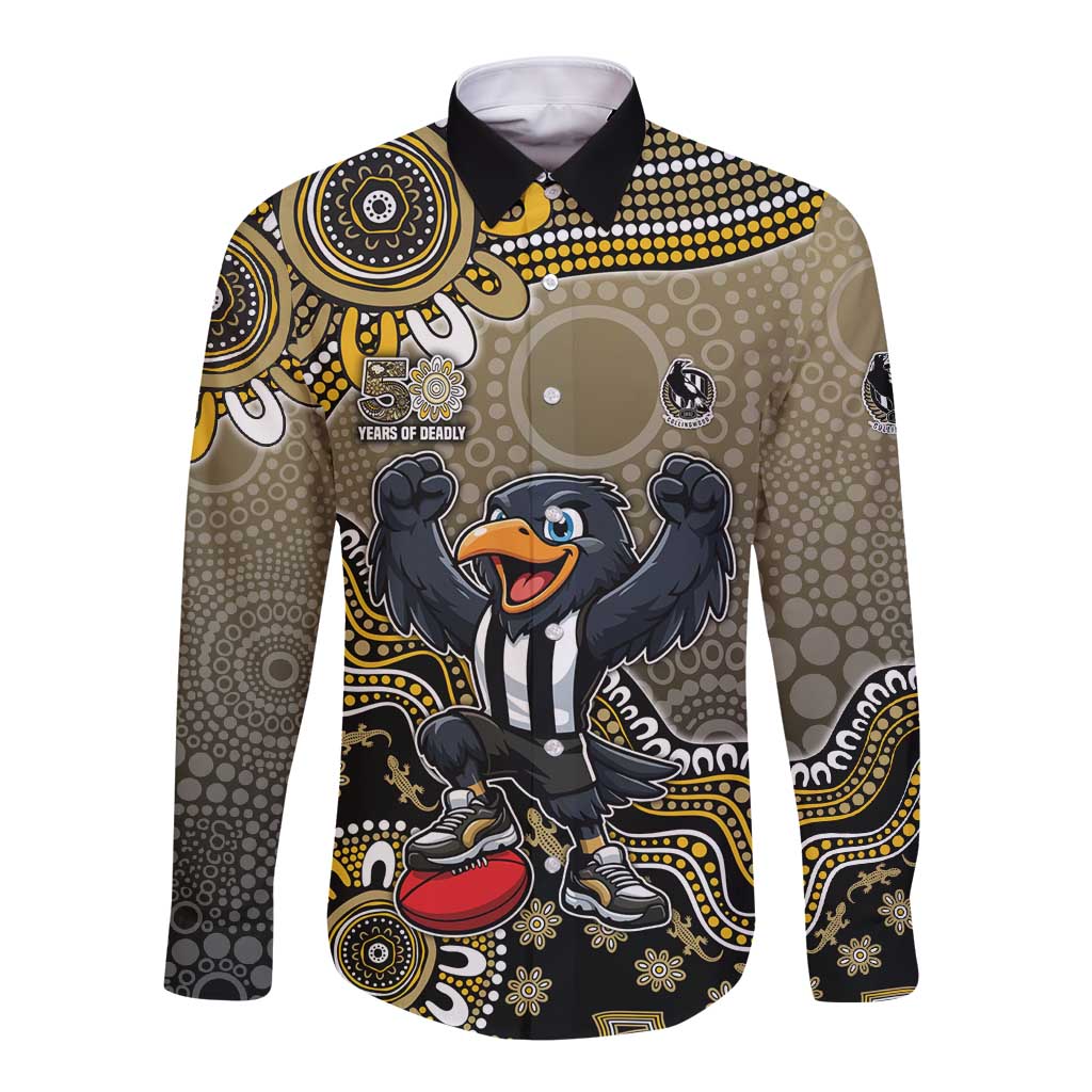 Personalized Magpies Football Mascot Long Sleeve Button Shirt Aboriginal Dot Art Style Vibrant Indigenous Pattern Design