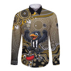 Personalized Magpies Football Mascot Long Sleeve Button Shirt Aboriginal Dot Art Style Vibrant Indigenous Pattern Design