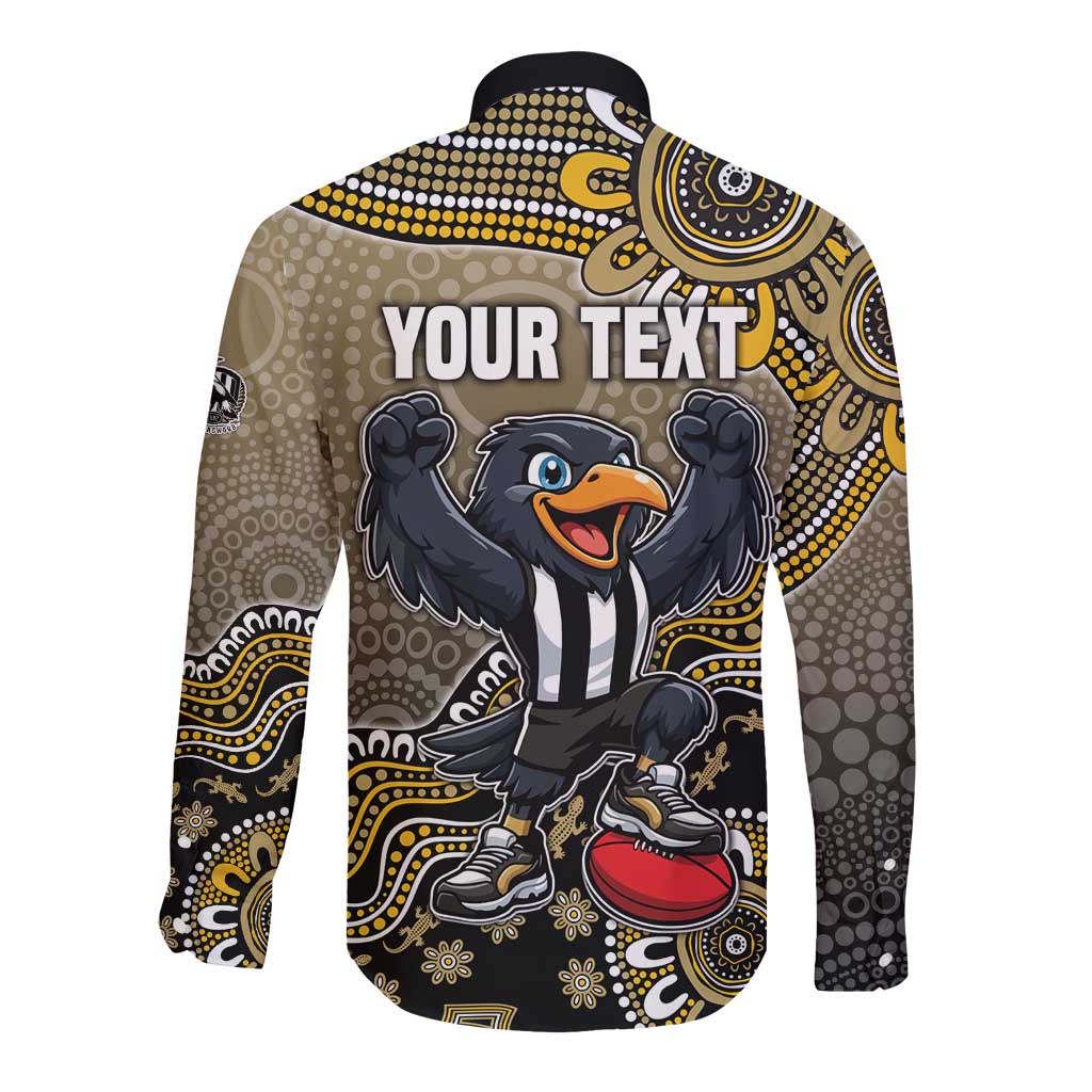Personalized Magpies Football Mascot Long Sleeve Button Shirt Aboriginal Dot Art Style Vibrant Indigenous Pattern Design
