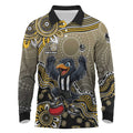Personalized Magpies Football Mascot Long Sleeve Polo Shirt Aboriginal Dot Art Style Vibrant Indigenous Pattern Design
