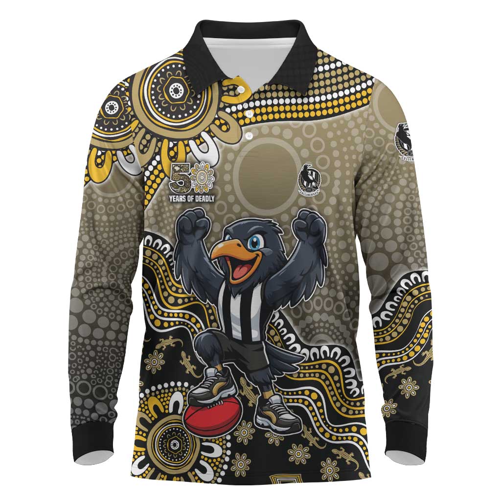 Personalized Magpies Football Mascot Long Sleeve Polo Shirt Aboriginal Dot Art Style Vibrant Indigenous Pattern Design
