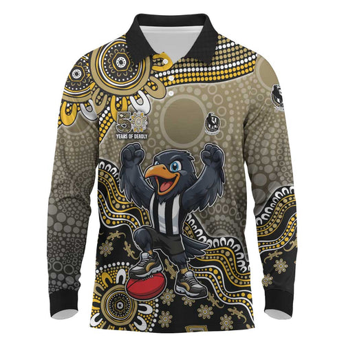 Personalized Magpies Football Mascot Long Sleeve Polo Shirt Aboriginal Dot Art Style Vibrant Indigenous Pattern Design