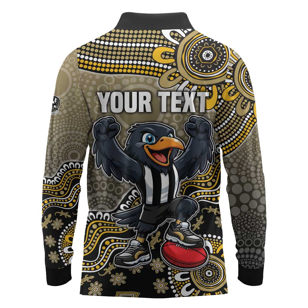 Personalized Magpies Football Mascot Long Sleeve Polo Shirt Aboriginal Dot Art Style Vibrant Indigenous Pattern Design