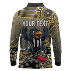 Personalized Magpies Football Mascot Long Sleeve Polo Shirt Aboriginal Dot Art Style Vibrant Indigenous Pattern Design
