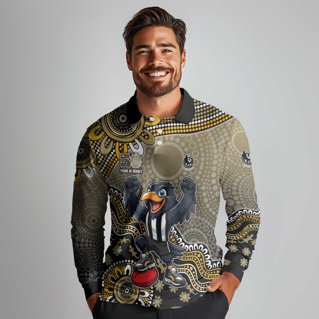 Personalized Magpies Football Mascot Long Sleeve Polo Shirt Aboriginal Dot Art Style Vibrant Indigenous Pattern Design