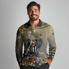 Personalized Magpies Football Mascot Long Sleeve Polo Shirt Aboriginal Dot Art Style Vibrant Indigenous Pattern Design
