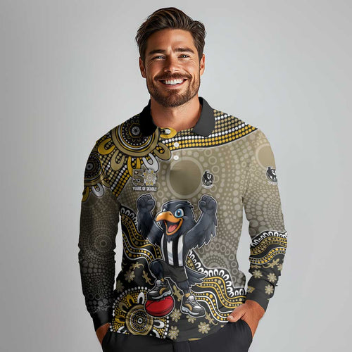 Personalized Magpies Football Mascot Long Sleeve Polo Shirt Aboriginal Dot Art Style Vibrant Indigenous Pattern Design