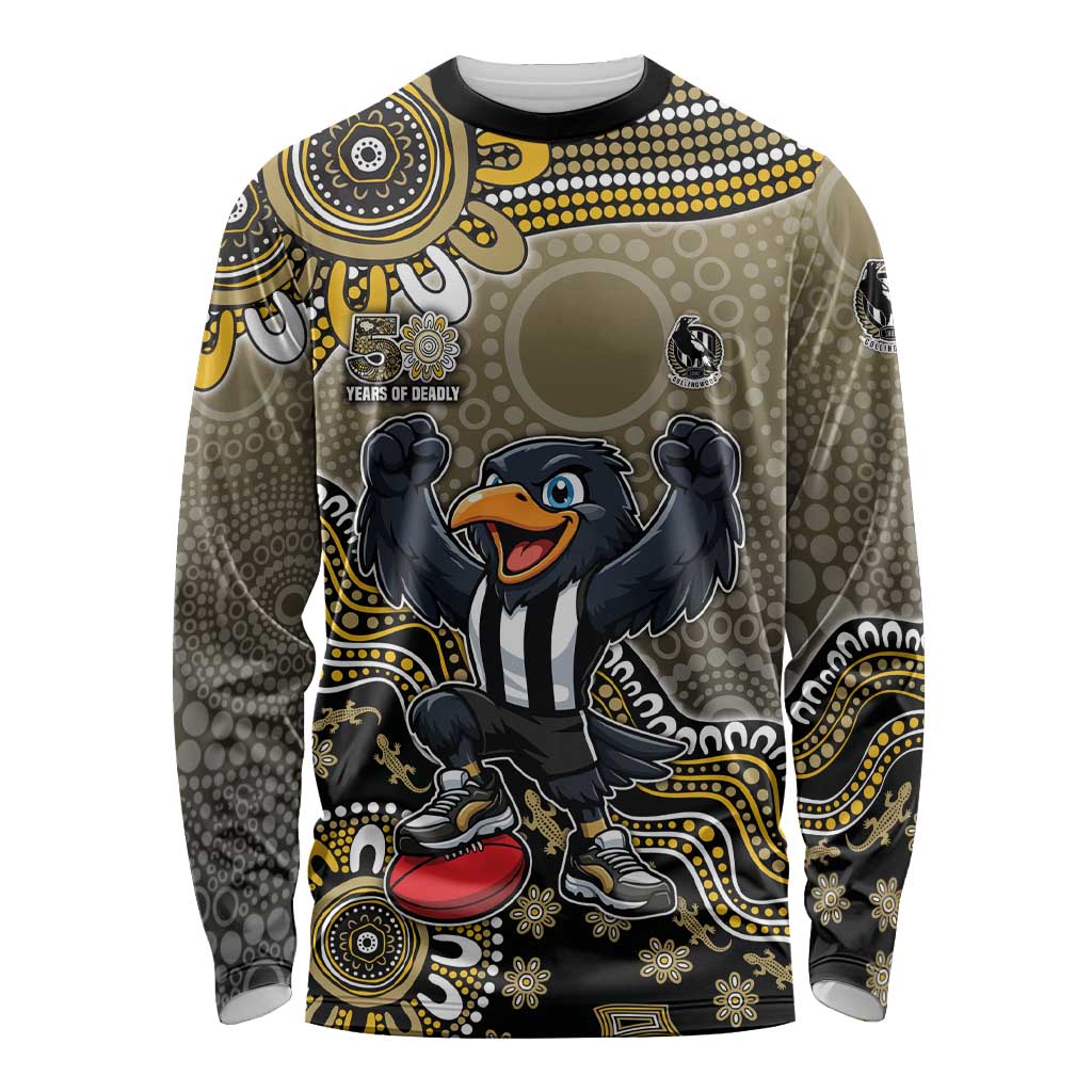Personalized Magpies Football Mascot Long Sleeve Shirt Aboriginal Dot Art Style Vibrant Indigenous Pattern Design